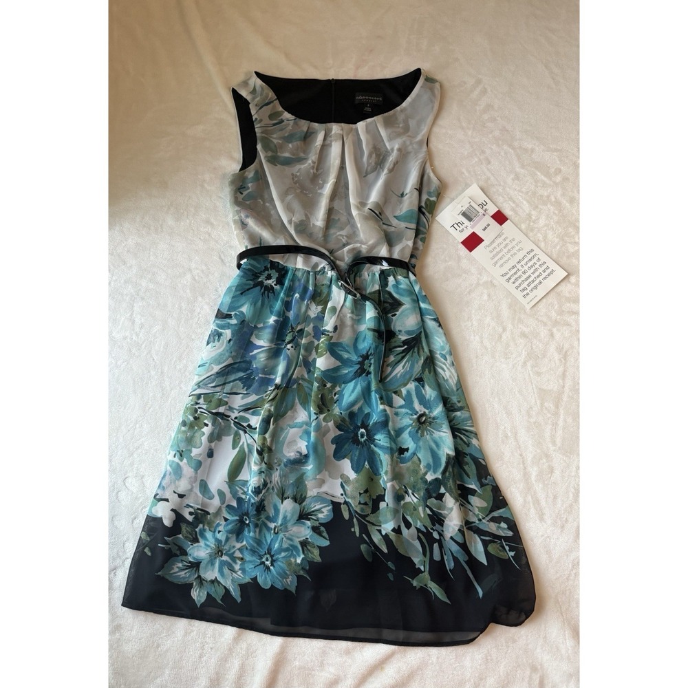 Chiffon Pleated‎ Dress Women's Size S Connected Apparel Blue Floral NWT MSRP $68